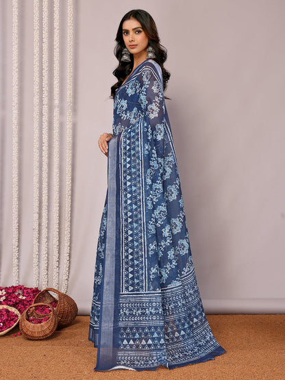 Janasya Navy Blue Cotton Linen Floral Printed Saree