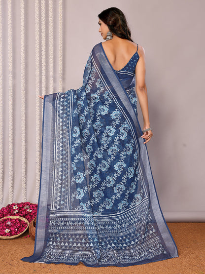 Janasya Navy Blue Cotton Linen Floral Printed Saree
