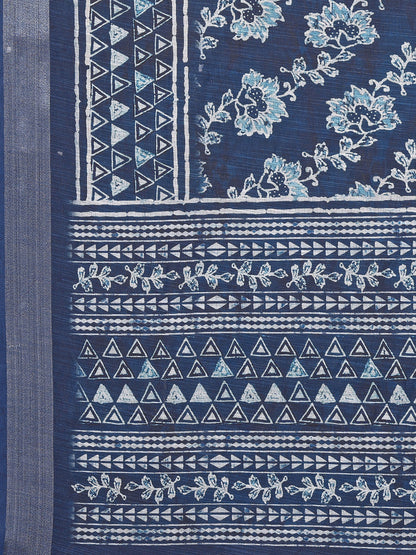 Janasya Navy Blue Cotton Linen Floral Printed Saree