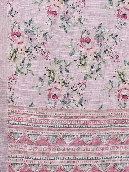 Janasya Lavender Cotton Linen Floral Printed Saree