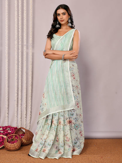 Janasya Light Green Cotton Linen Floral Printed Saree