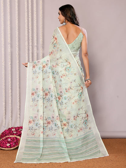 Janasya Light Green Cotton Linen Floral Printed Saree