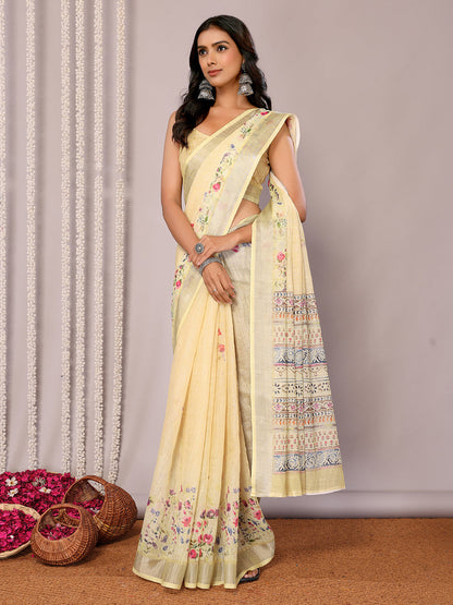 Janasya Light Yellow Cotton Linen Floral Printed Saree
