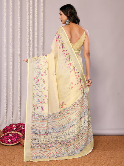 Janasya Light Yellow Cotton Linen Floral Printed Saree