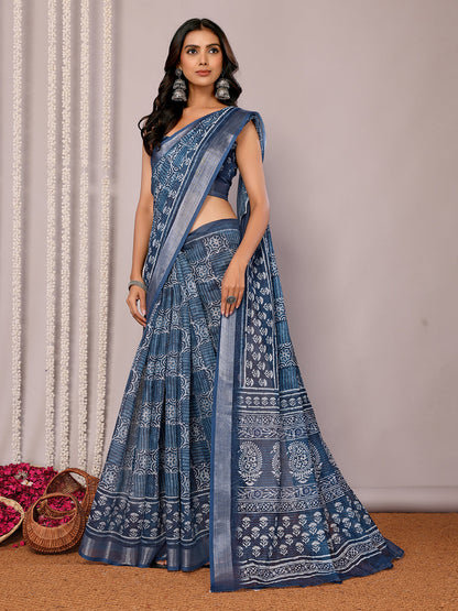 Janasya Navy Blue Cotton Linen Block Print Printed Saree