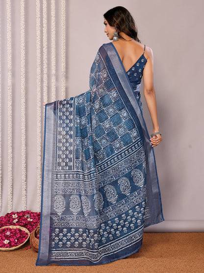 Janasya Navy Blue Cotton Linen Block Print Printed Saree