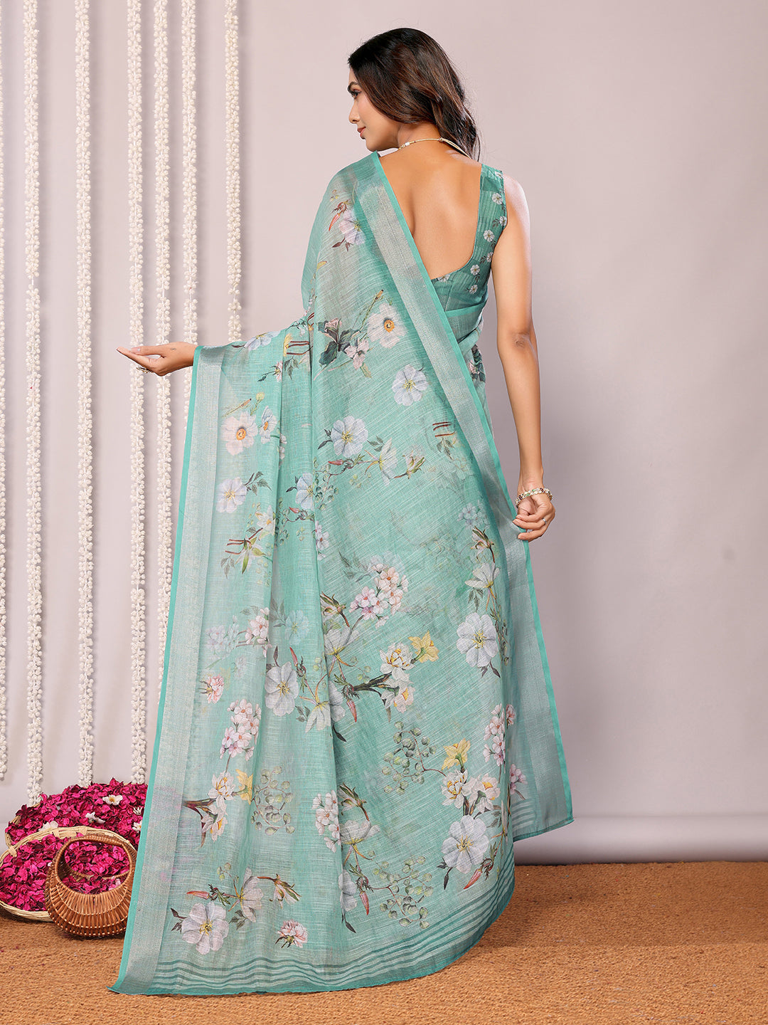 Janasya Sage Green Cotton Linen Floral Printed Saree