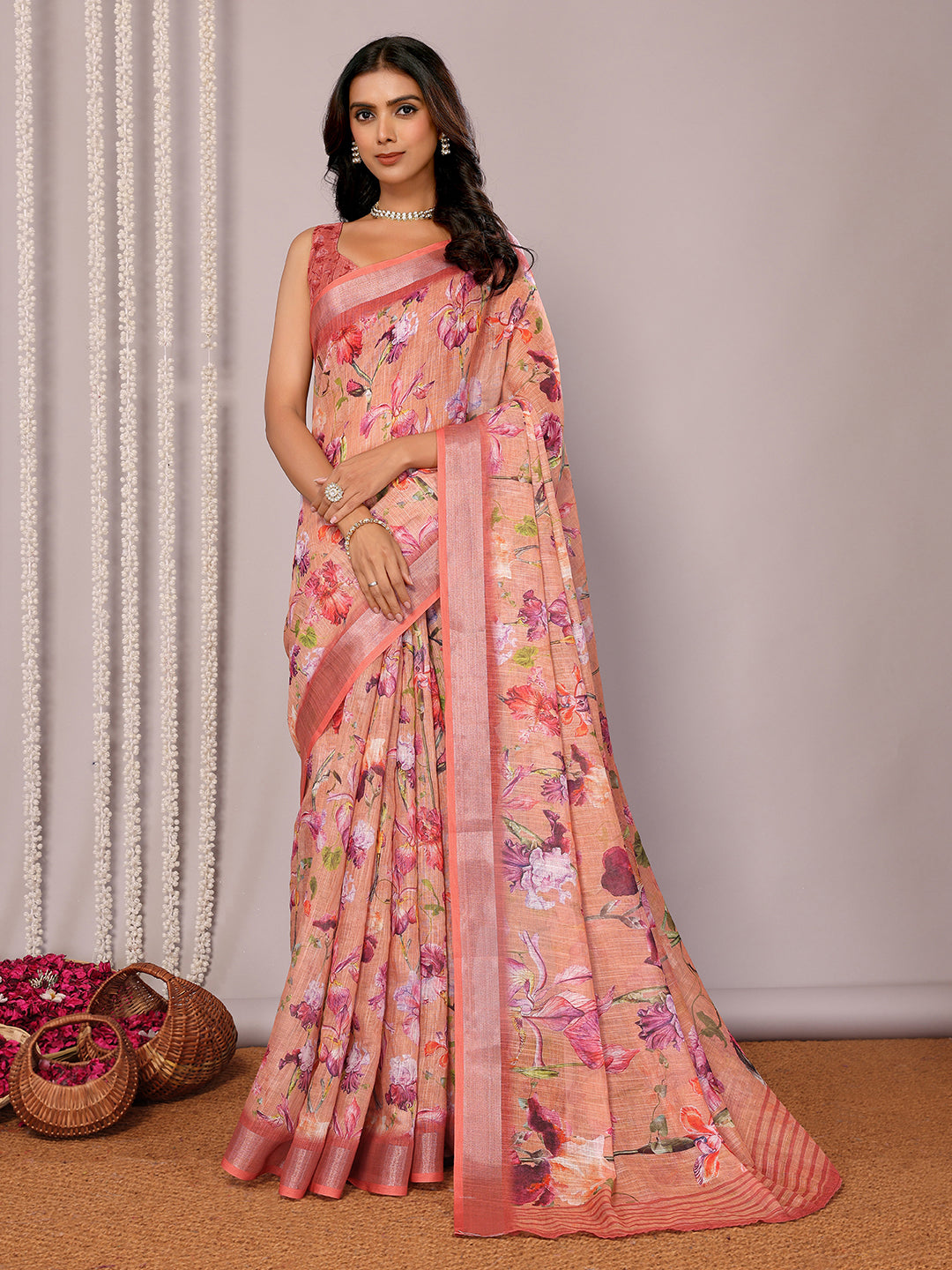 Janasya Peach Cotton Linen Floral Printed Saree