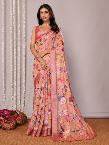 Janasya Peach Cotton Linen Floral Printed Saree