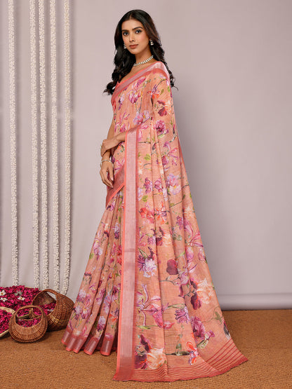 Janasya Peach Cotton Linen Floral Printed Saree