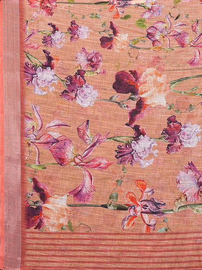 Janasya Peach Cotton Linen Floral Printed Saree