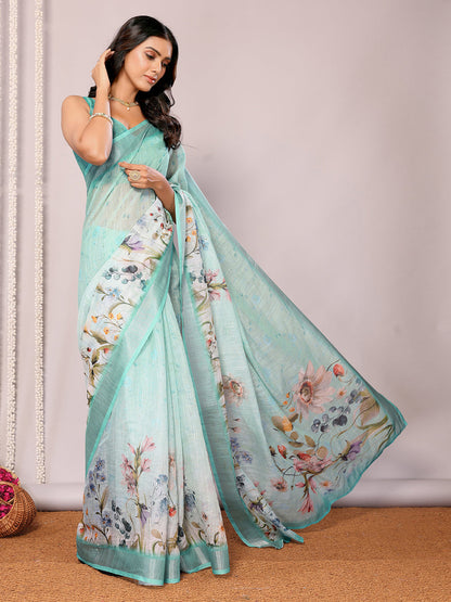 Janasya Sea Green Cotton Linen Floral Printed Saree