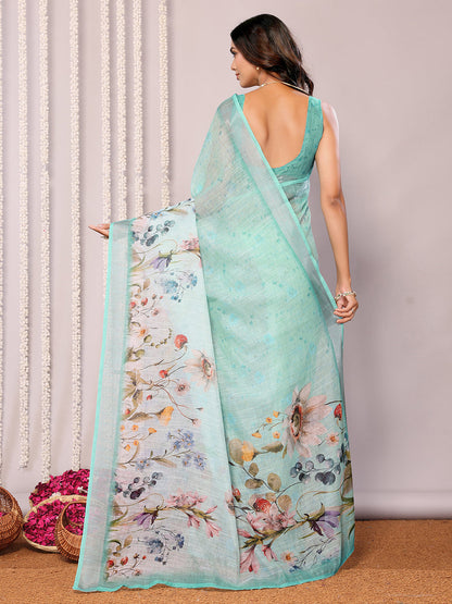 Janasya Sea Green Cotton Linen Floral Printed Saree