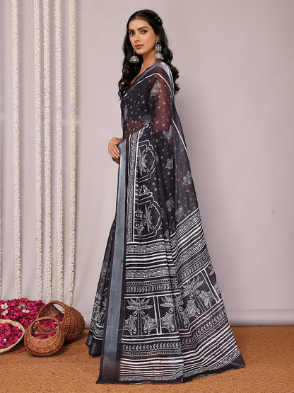 Janasya Black Cotton Linen Polka Printed Saree
