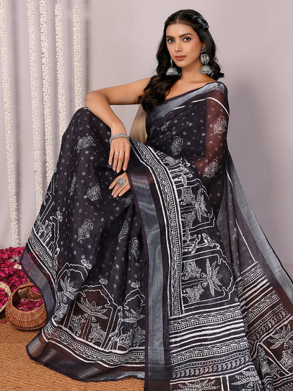 Janasya Black Cotton Linen Polka Printed Saree