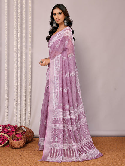 Janasya Mauve Cotton Linen Block Print Printed Saree