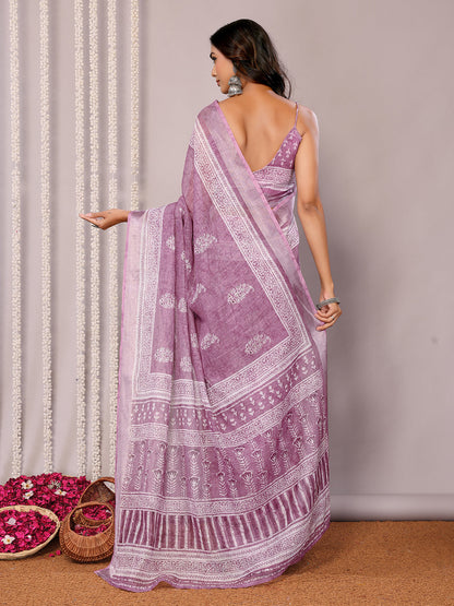 Janasya Mauve Cotton Linen Block Print Printed Saree