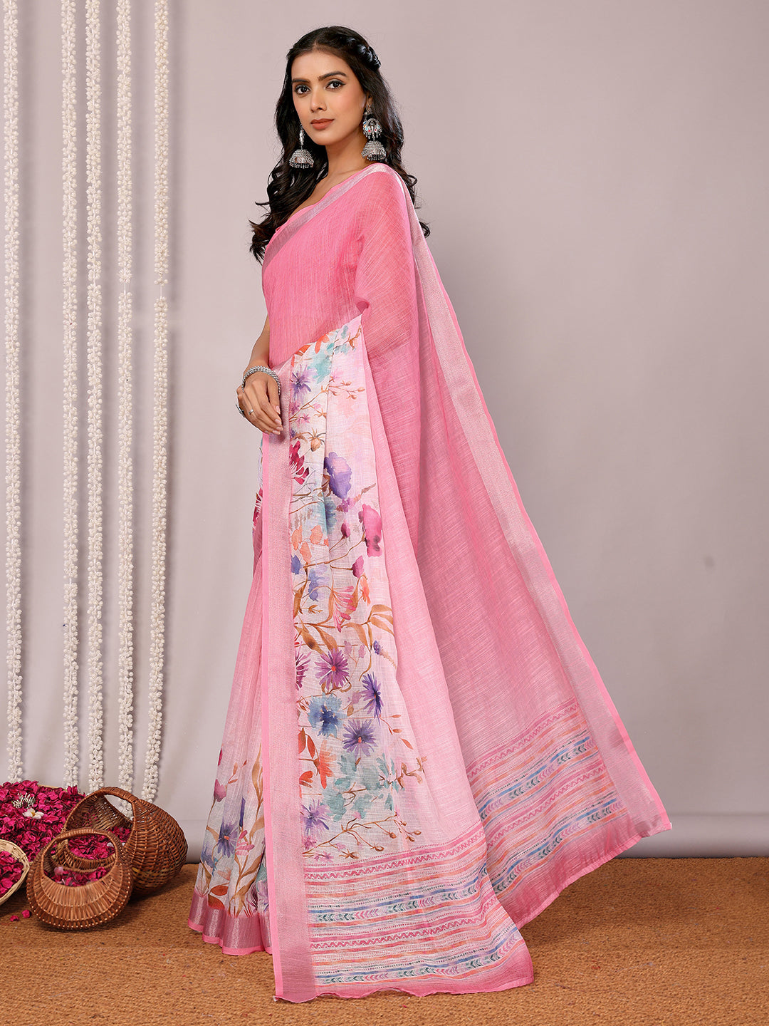 Janasya Pink Cotton Linen Floral Printed Saree