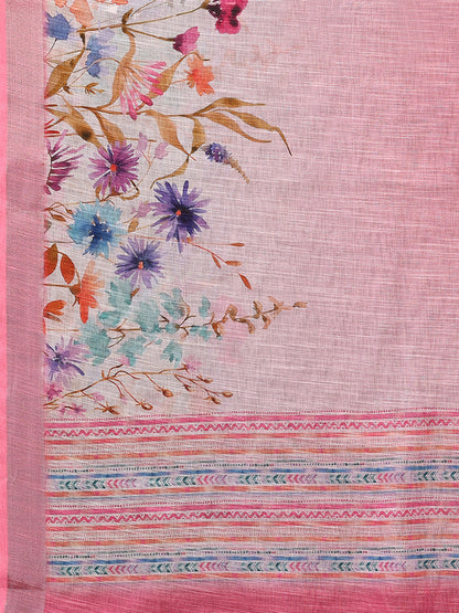 Janasya Pink Cotton Linen Floral Printed Saree