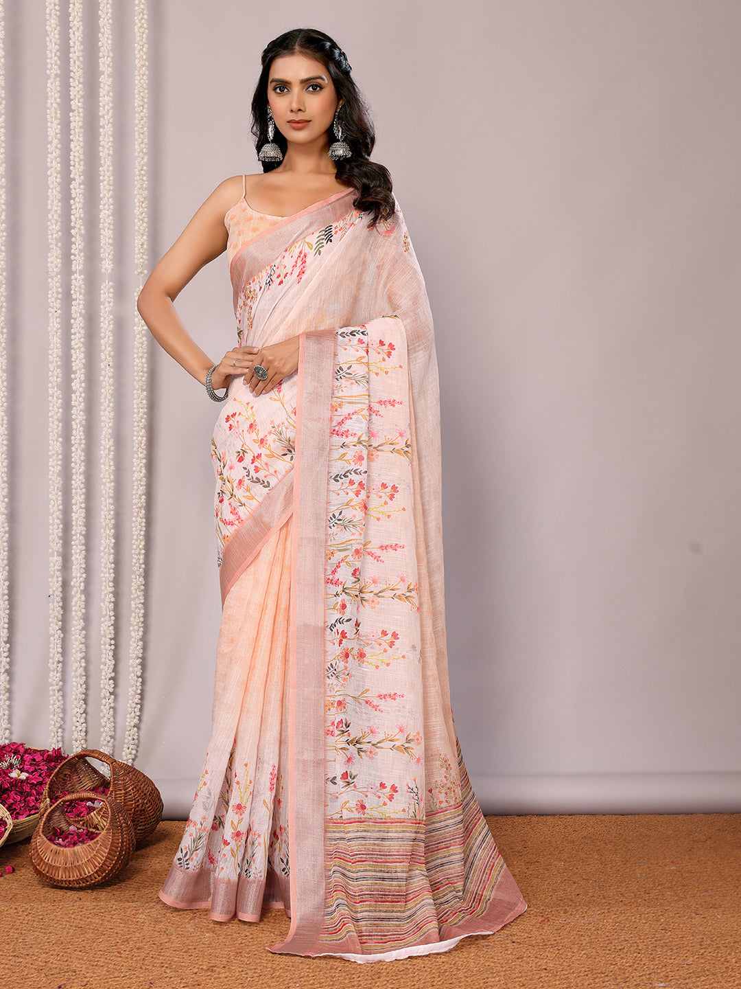 Janasya Peach Cotton Linen Floral Printed Saree