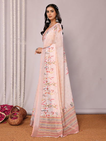 Janasya Peach Cotton Linen Floral Printed Saree