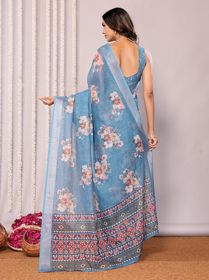 Janasya Blue Cotton Linen Floral Printed Saree