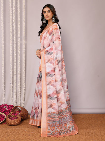 Janasya Peach Cotton Linen Abstract Printed Saree