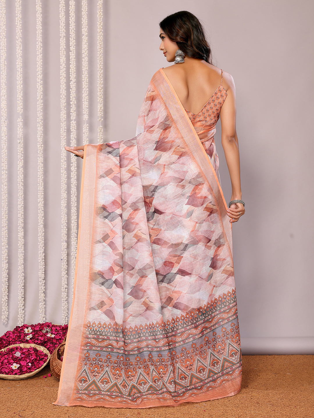 Janasya Peach Cotton Linen Abstract Printed Saree
