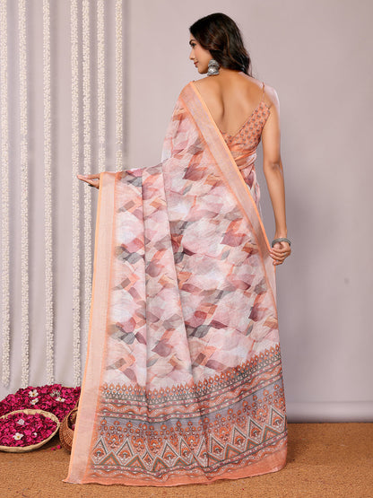 Janasya Peach Cotton Linen Abstract Printed Saree