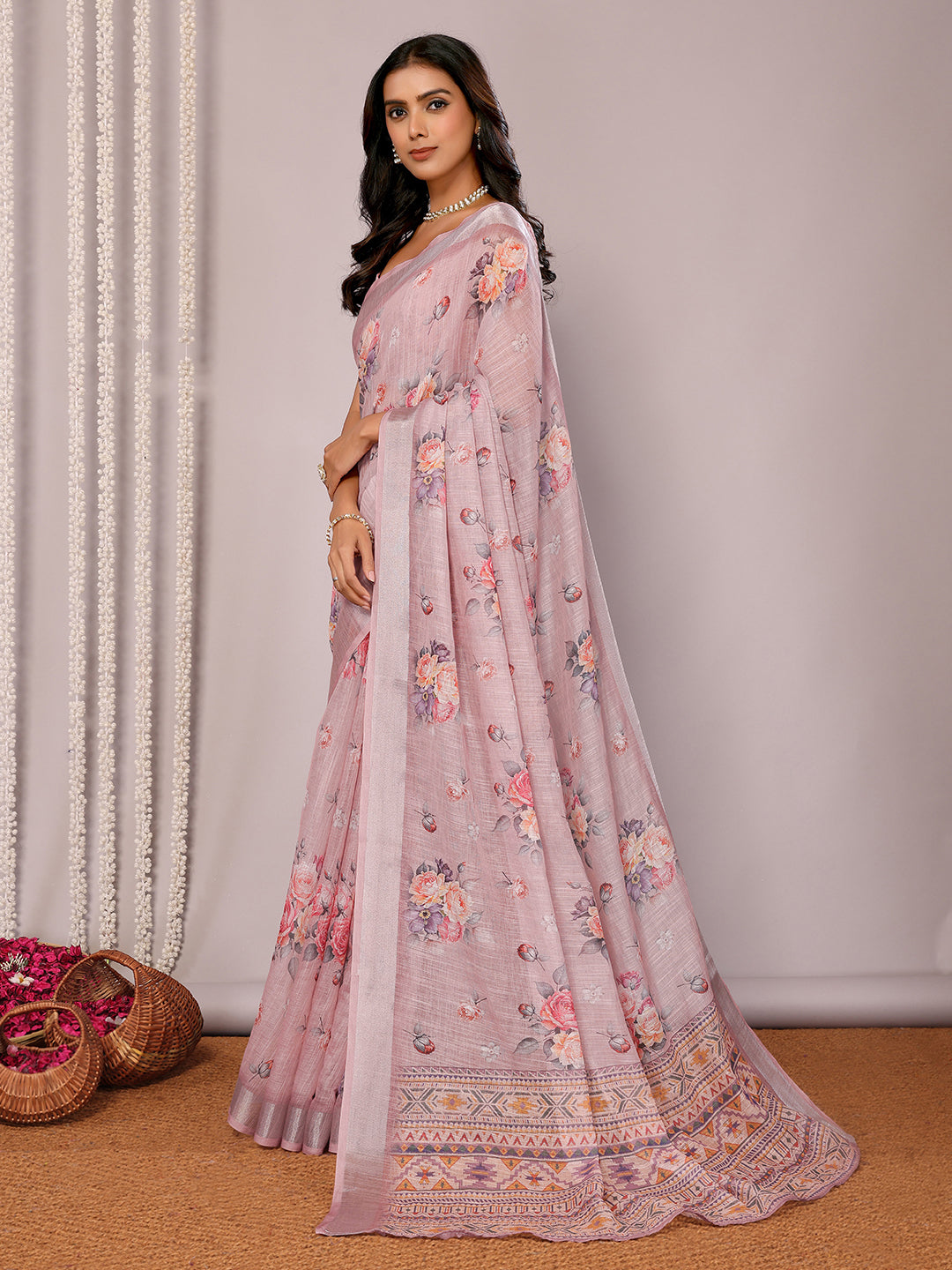 Janasya Mauve Cotton Linen Floral Printed Saree