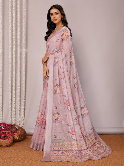 Janasya Mauve Cotton Linen Floral Printed Saree
