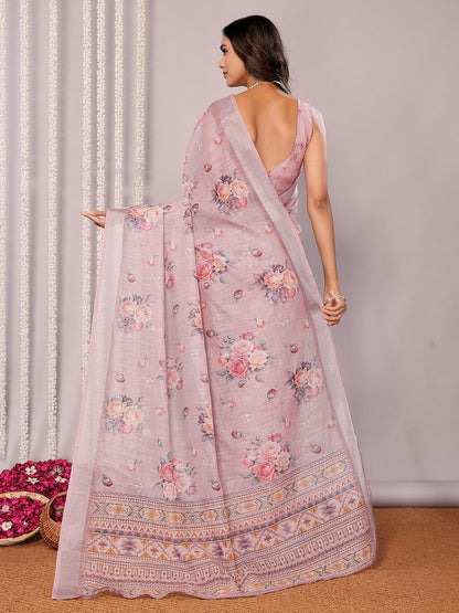Janasya Mauve Cotton Linen Floral Printed Saree