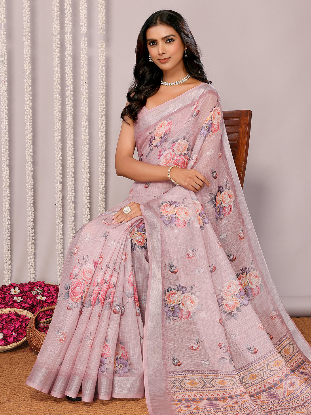 Janasya Mauve Cotton Linen Floral Printed Saree