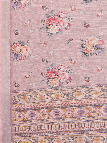 Janasya Mauve Cotton Linen Floral Printed Saree