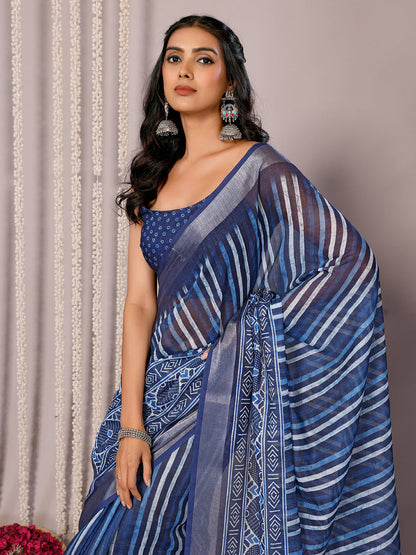 Janasya Blue Cotton Linen Geometric Printed Saree