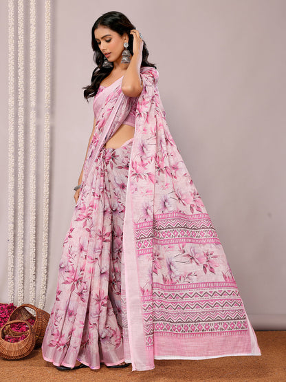Janasya Pink Cotton Linen Floral Printed Saree