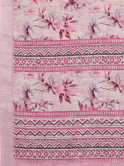 Janasya Pink Cotton Linen Floral Printed Saree