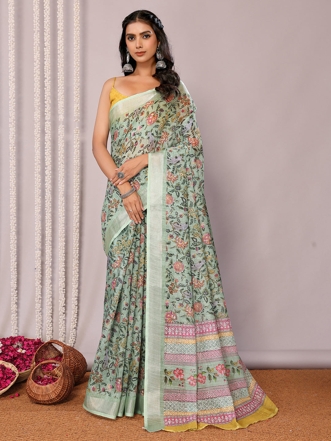 Janasya Sage Green Cotton Linen Floral Printed Saree