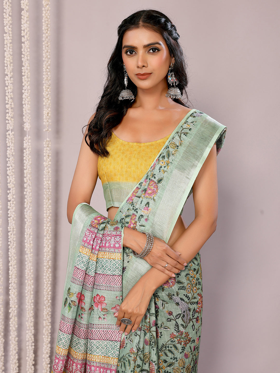 Janasya Sage Green Cotton Linen Floral Printed Saree
