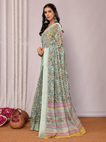 Janasya Sage Green Cotton Linen Floral Printed Saree