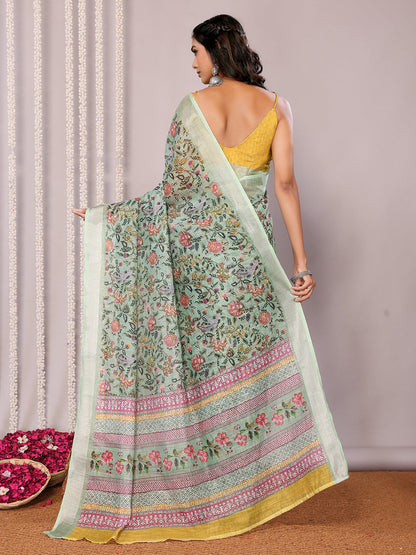 Janasya Sage Green Cotton Linen Floral Printed Saree