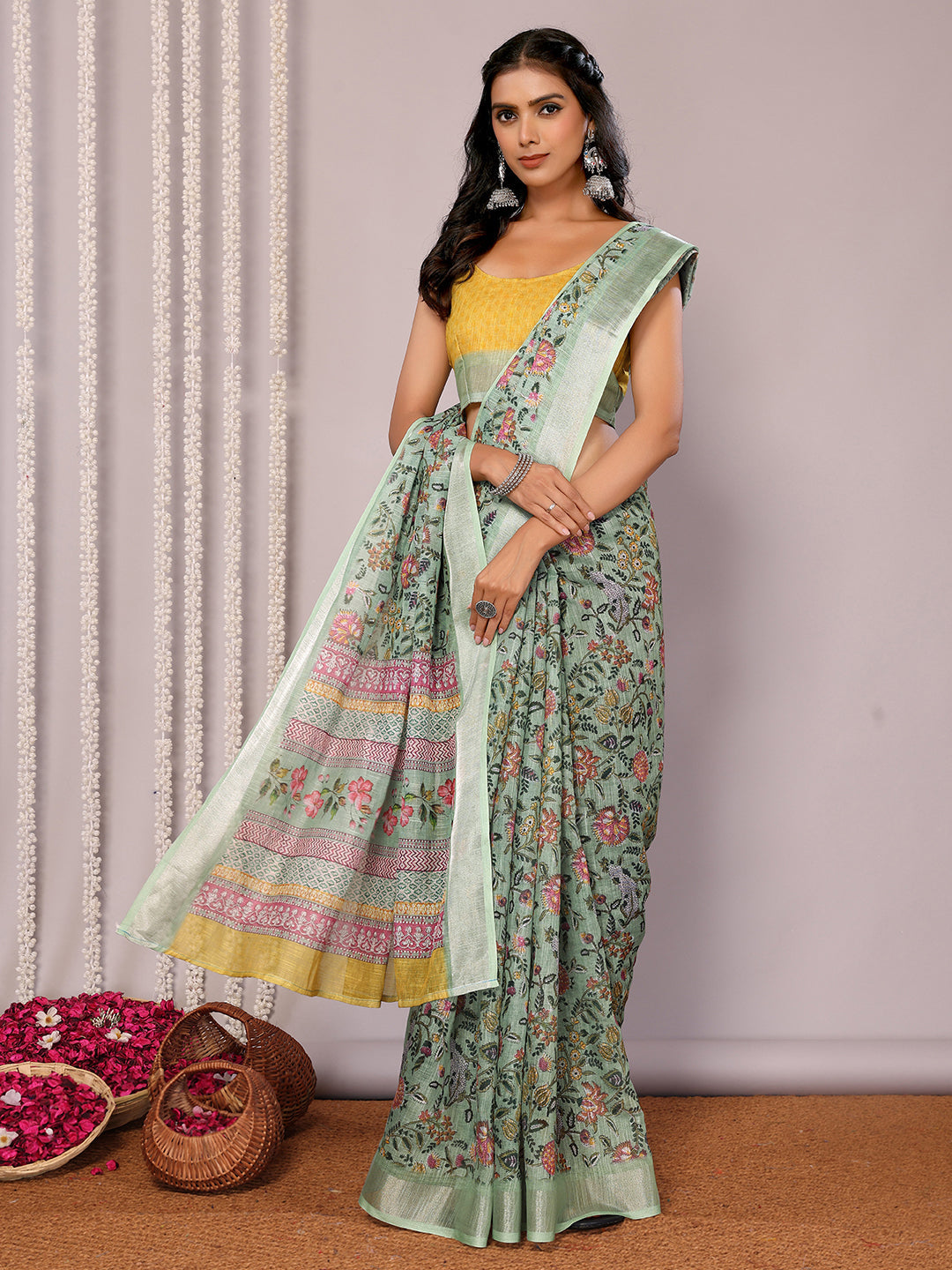 Janasya Sage Green Cotton Linen Floral Printed Saree