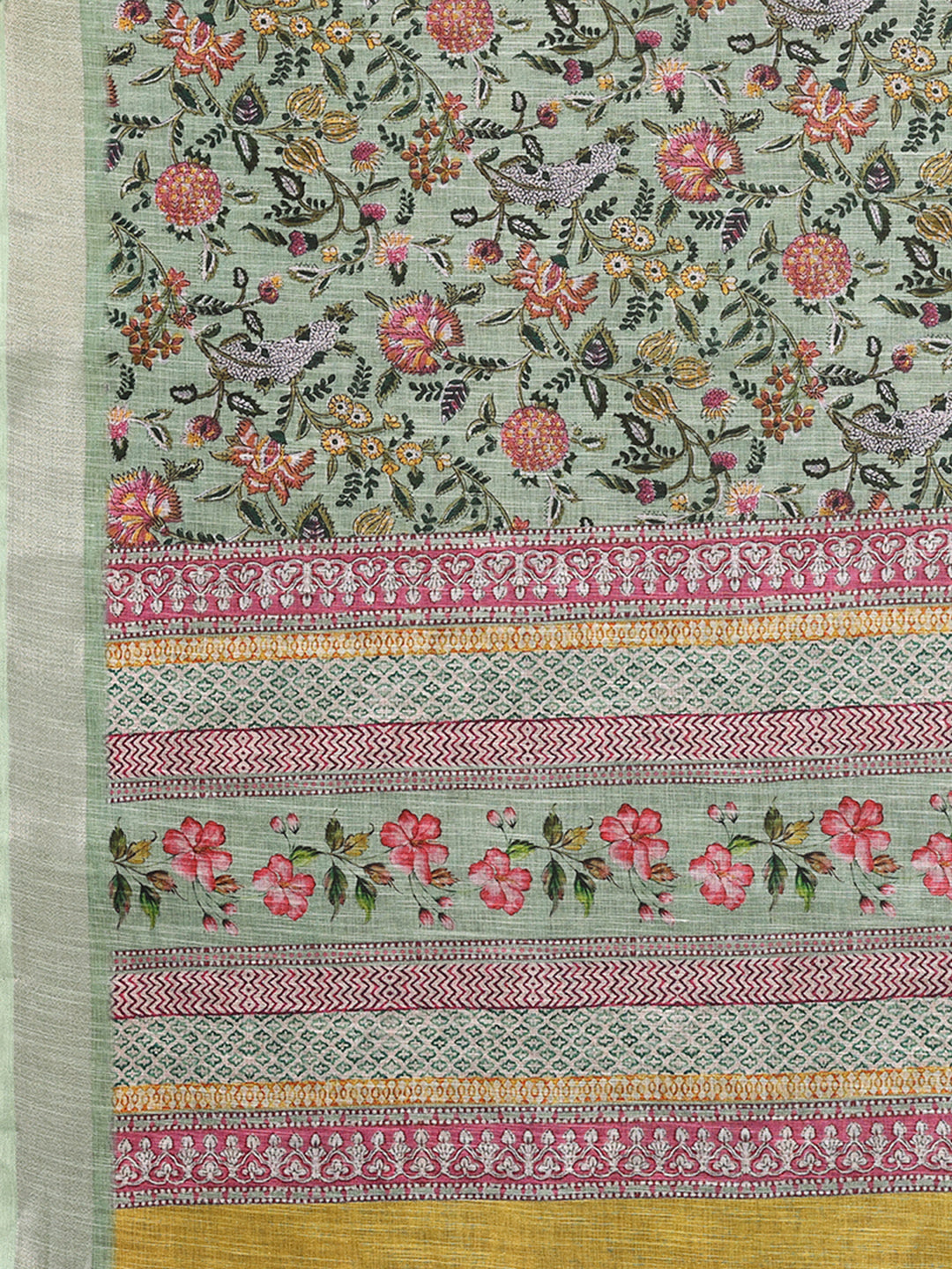 Janasya Sage Green Cotton Linen Floral Printed Saree