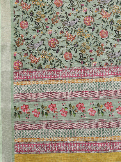 Janasya Sage Green Cotton Linen Floral Printed Saree