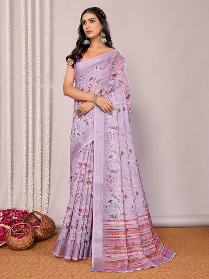 Janasya Lavender Cotton Linen Floral Printed Saree