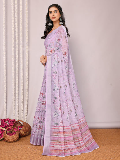 Janasya Lavender Cotton Linen Floral Printed Saree