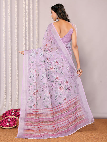 Janasya Lavender Cotton Linen Floral Printed Saree