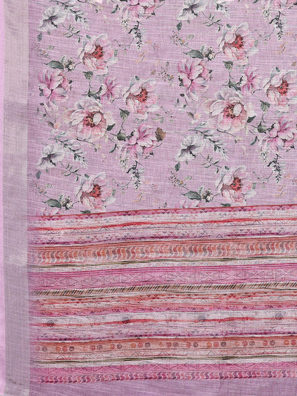 Janasya Lavender Cotton Linen Floral Printed Saree