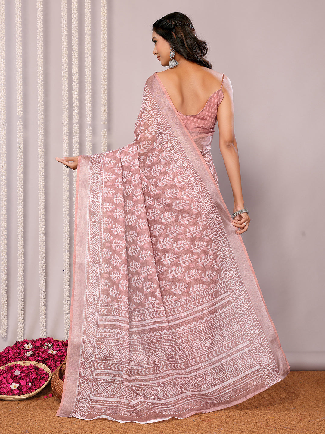 Janasya Mauve Cotton Linen Block Print Printed Saree