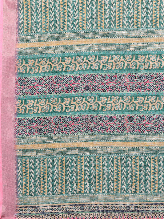 Janasya Green Cotton Linen Chevron Printed Saree